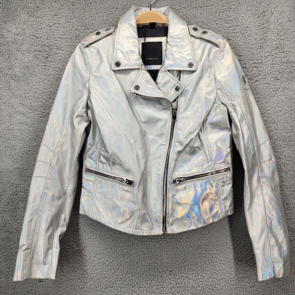 Mauritius Holographic Moto Jacket‎ Silver Lamb Leather Motorcycle Biker Medium